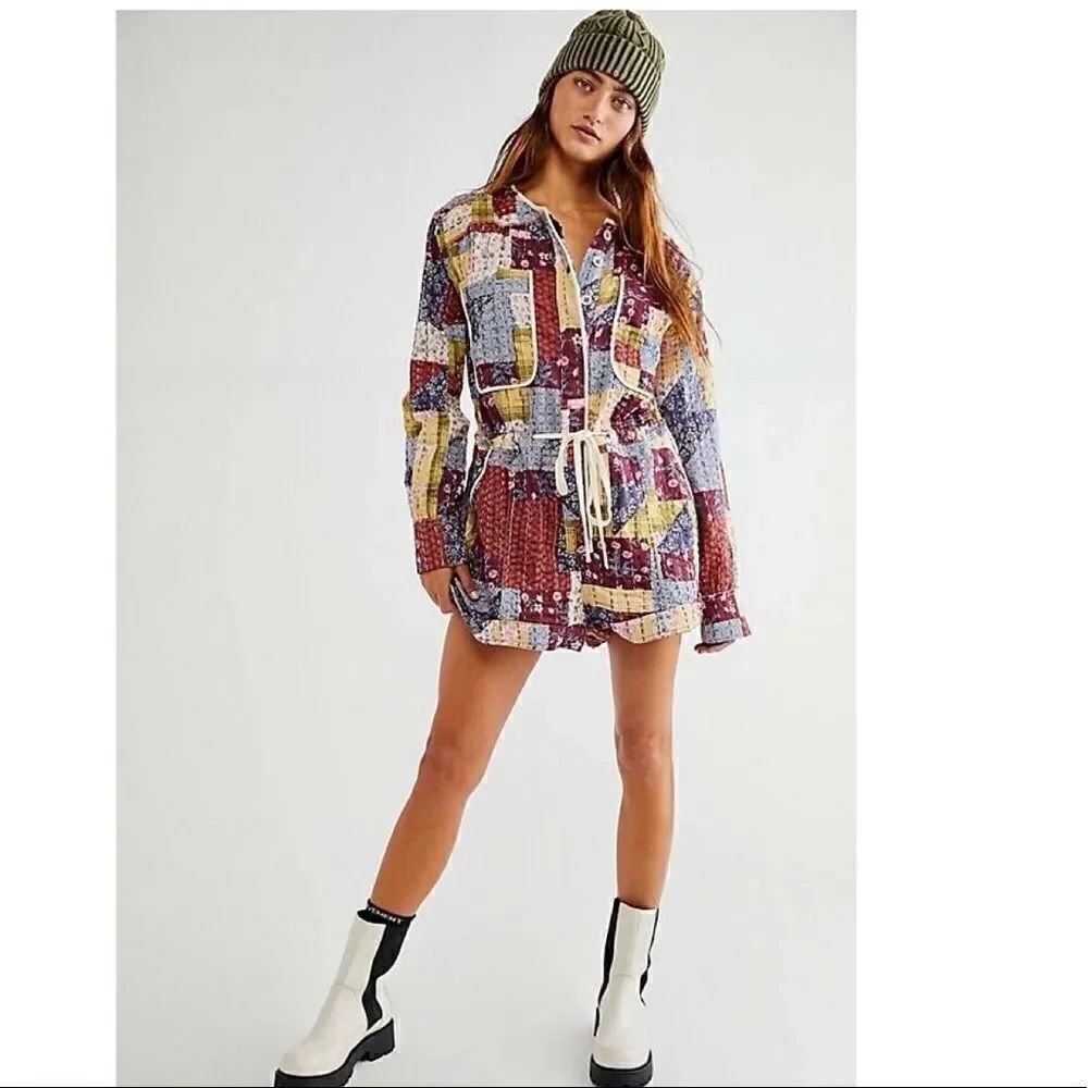 NEW FREE PEOPLE ROADS FOREVER SHORTALLS PATCHWORK ROMPER IN COTTAGE QUILT